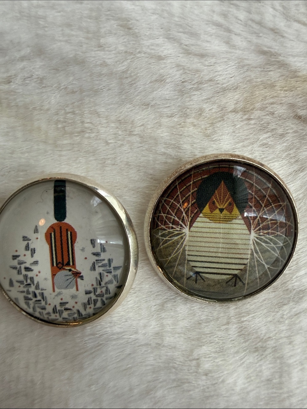Charley Harper Glass Art Buttons Pair Chipmunk & Bird MCM Shank Buttons